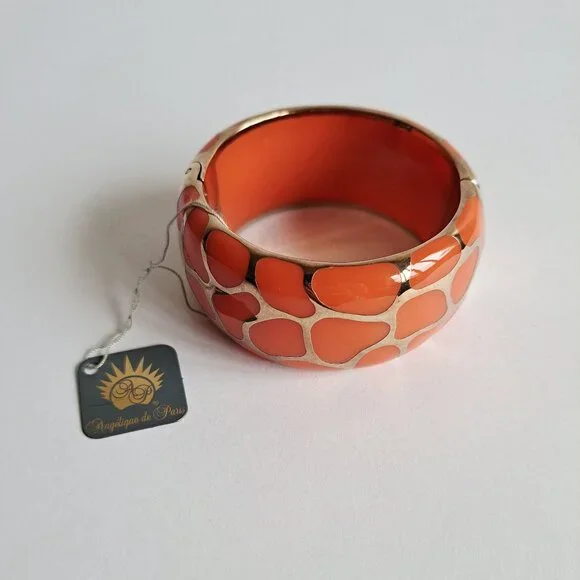New Angelique De Paris 925 Gold Platted Coral Leopard Print Wide Bracelet - Picture 1 of 16
